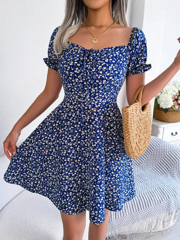 Blue Zone Planet | Bell Sleeve Drawstring Tie Floral Swing Mini Dress BLUE ZONE PLANET