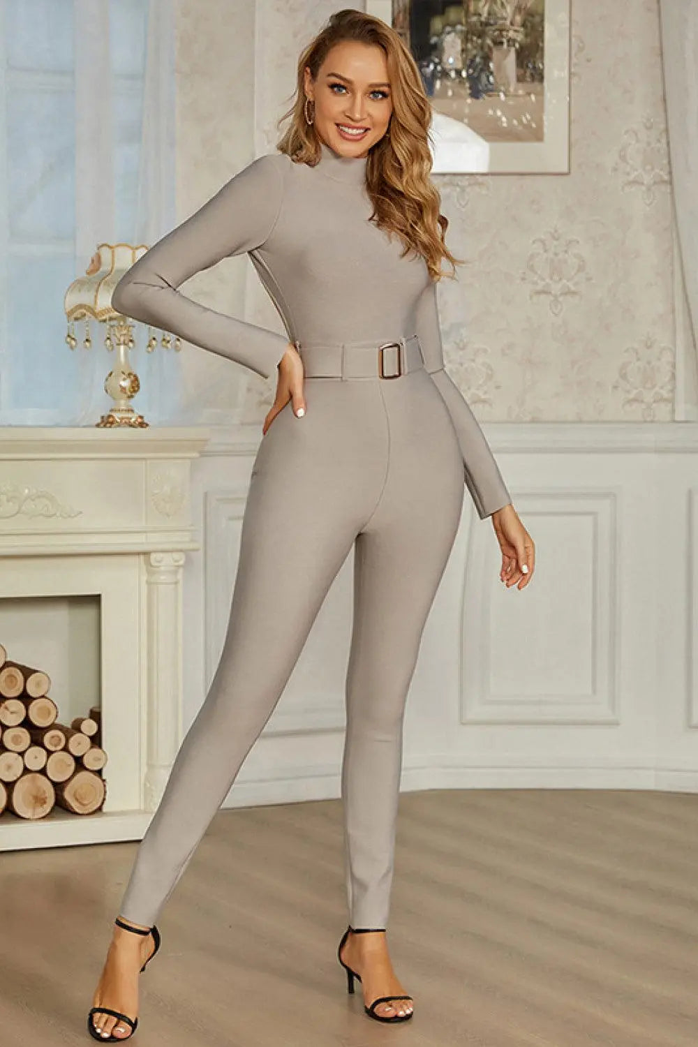 Blue Zone Planet |  Belted Cutout Mock Neck Jumpsuit BLUE ZONE PLANET