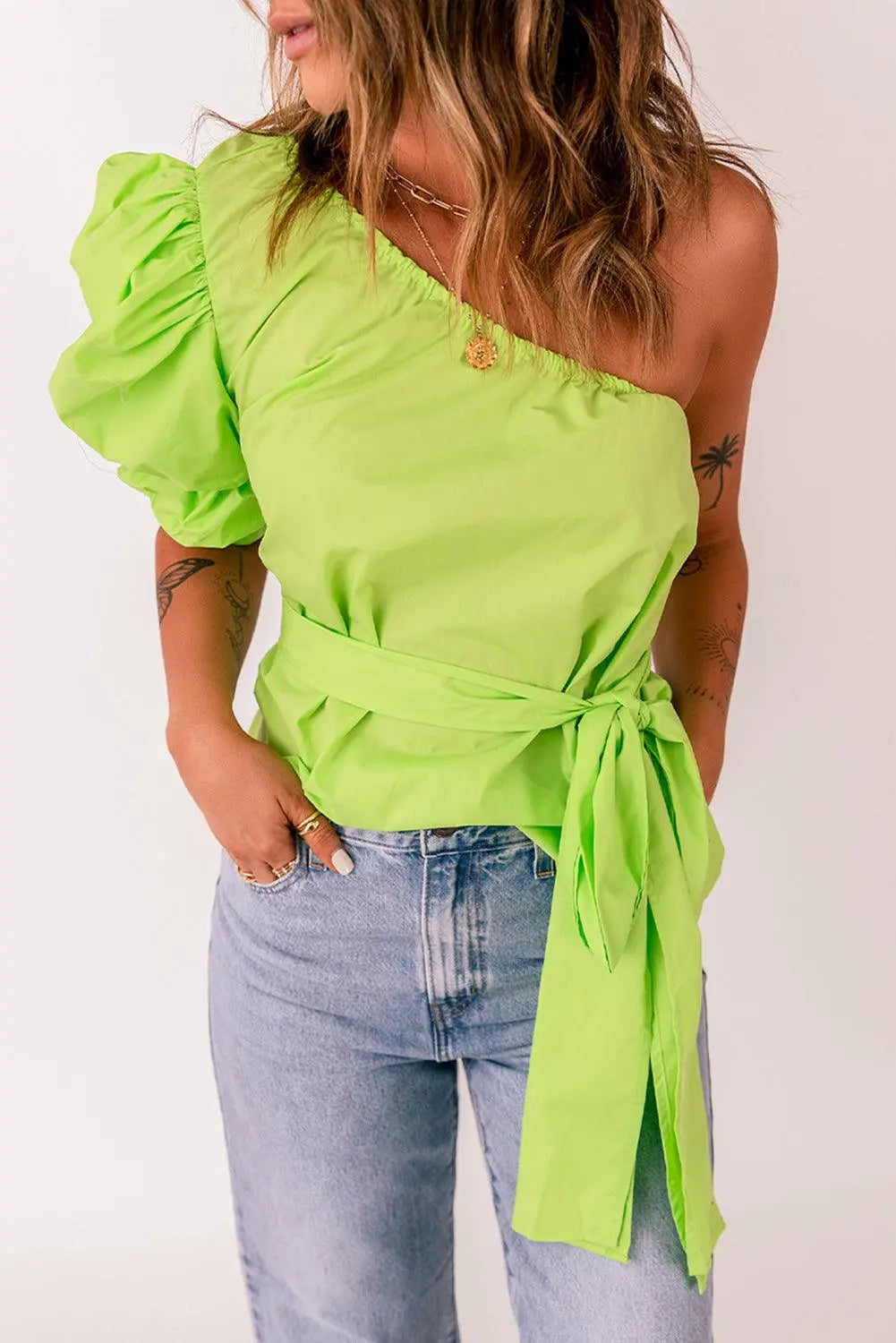 Blue Zone Planet |  Belted Puff Sleeve One-Shoulder Top BLUE ZONE PLANET