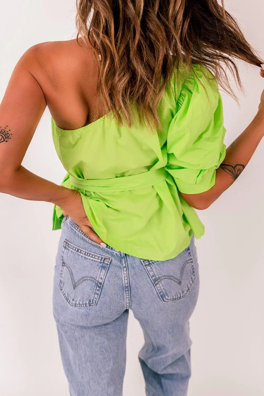 Blue Zone Planet |  Belted Puff Sleeve One-Shoulder Top BLUE ZONE PLANET