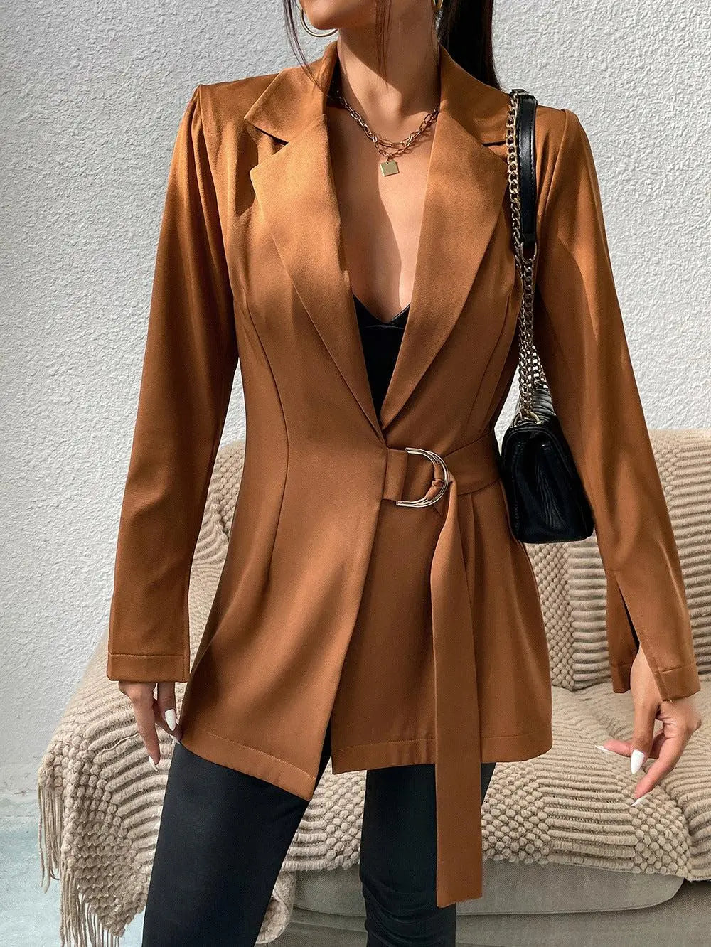 Blue Zone Planet |  Belted Slit-Cuff Longline Blazer BLUE ZONE PLANET