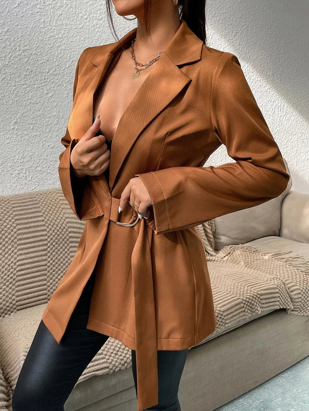 Blue Zone Planet |  Belted Slit-Cuff Longline Blazer BLUE ZONE PLANET