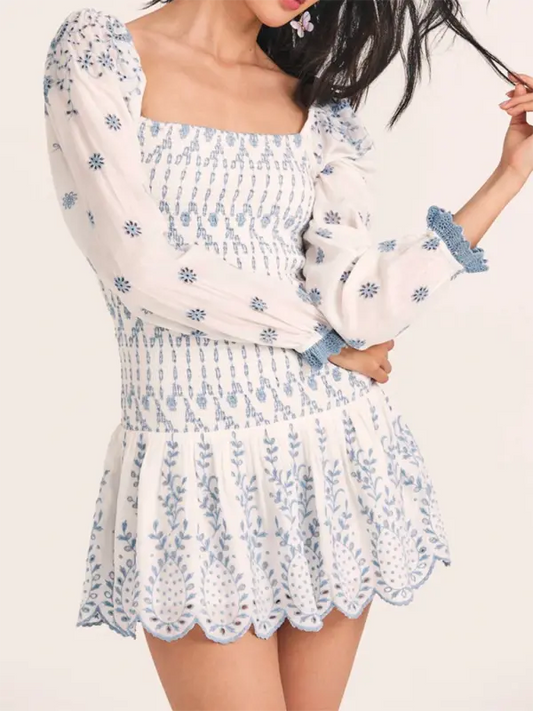 Blue Zone Planet |  Blue and White Porcelain Embroidered Bodycon Mini Dress BLUE ZONE PLANET