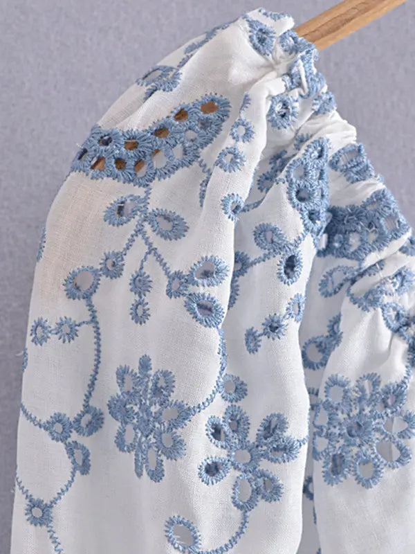 Blue Zone Planet |  Blue and White Porcelain Embroidered Bodycon Mini Dress BLUE ZONE PLANET