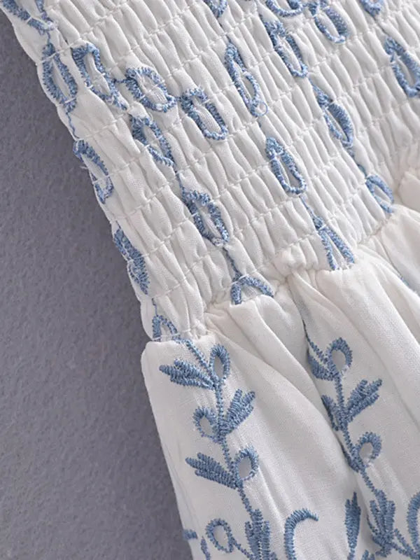 Blue Zone Planet |  Blue and White Porcelain Embroidered Bodycon Mini Dress BLUE ZONE PLANET