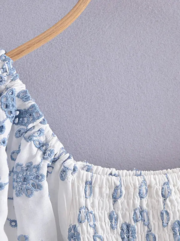 Blue Zone Planet |  Blue and White Porcelain Embroidered Bodycon Mini Dress BLUE ZONE PLANET
