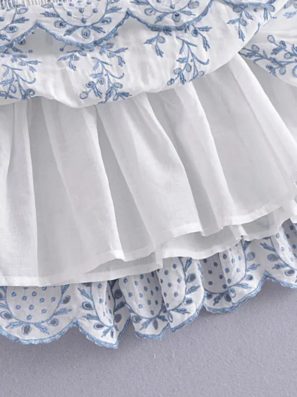 Blue Zone Planet |  Blue and White Porcelain Embroidered Bodycon Mini Dress BLUE ZONE PLANET