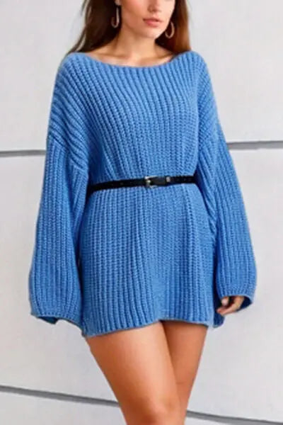 Blue Zone Planet |  Boat Neck Dropped Shoulder Mini Sweater Dress BLUE ZONE PLANET