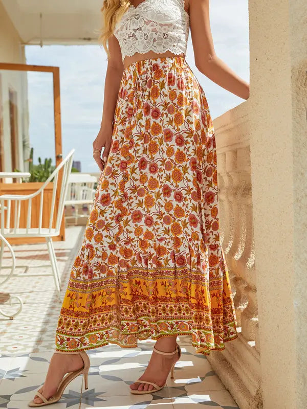Blue Zone Planet |  Bohemian Long Skirt Ethnic Print Elastic High Waist Tie Button Slit Holiday Travel Skirt BLUE ZONE PLANET