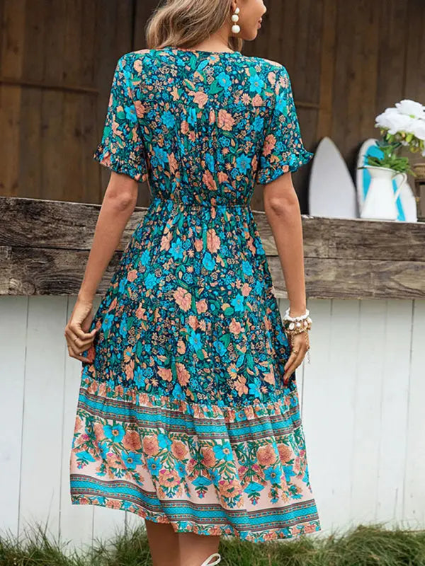Blue Zone Planet |  Bohemian Print Button Tie Knee-Length Dress BLUE ZONE PLANET