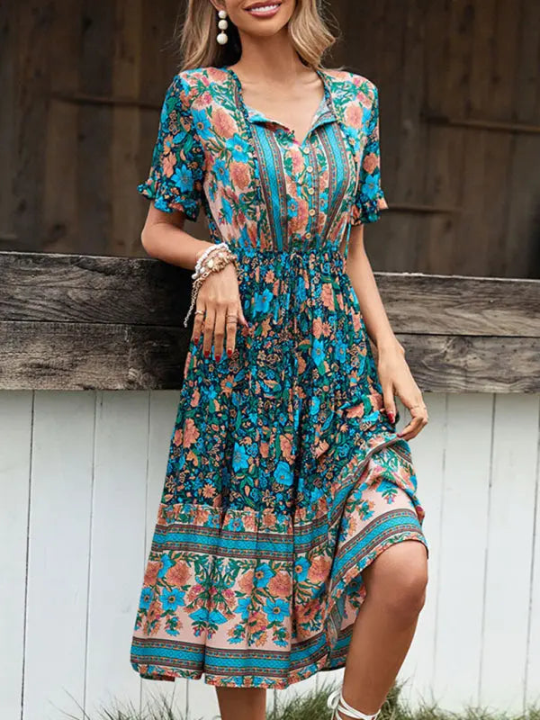 Blue Zone Planet |  Bohemian Print Button Tie Knee-Length Dress BLUE ZONE PLANET