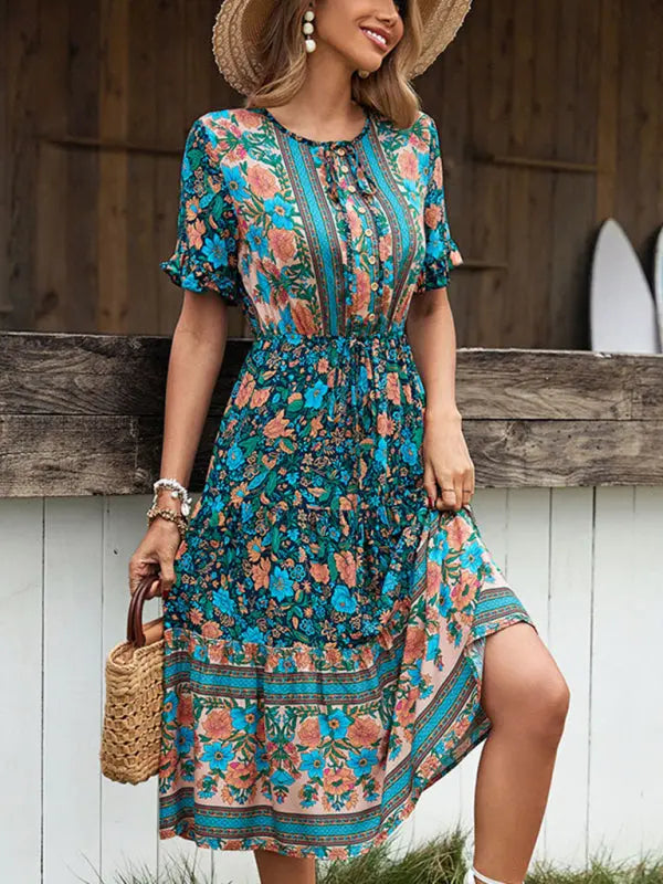 Blue Zone Planet |  Bohemian Print Button Tie Knee-Length Dress BLUE ZONE PLANET