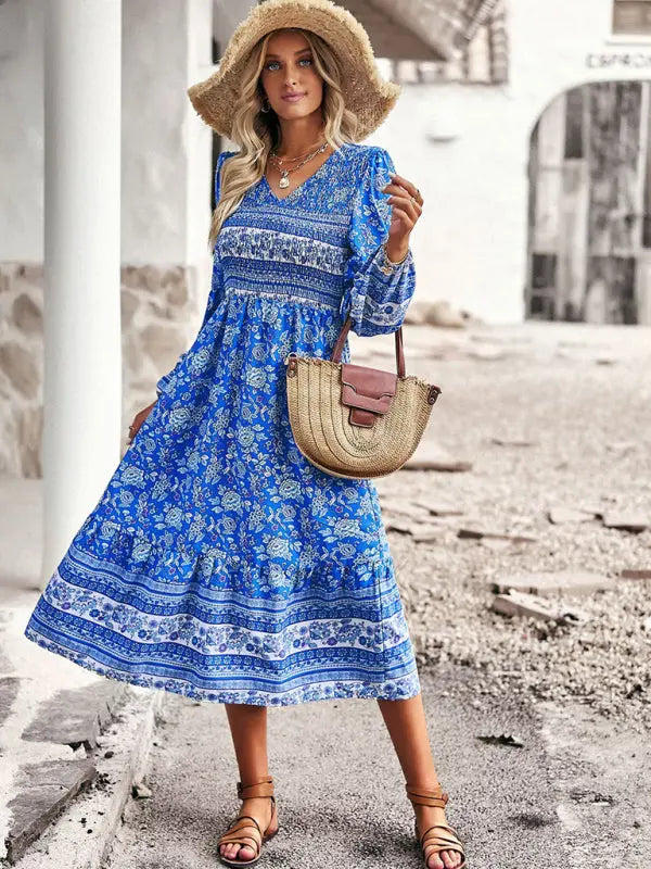 Blue Zone Planet | Bohemian Resort Style V-Neck Midi Dress BLUE ZONE PLANET