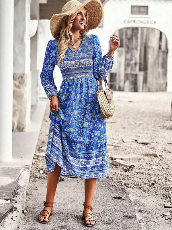 Blue Zone Planet | Bohemian Resort Style V-Neck Midi Dress BLUE ZONE PLANET