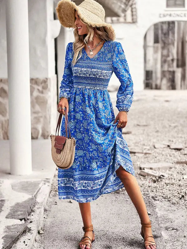 Blue Zone Planet | Bohemian Resort Style V-Neck Midi Dress BLUE ZONE PLANET