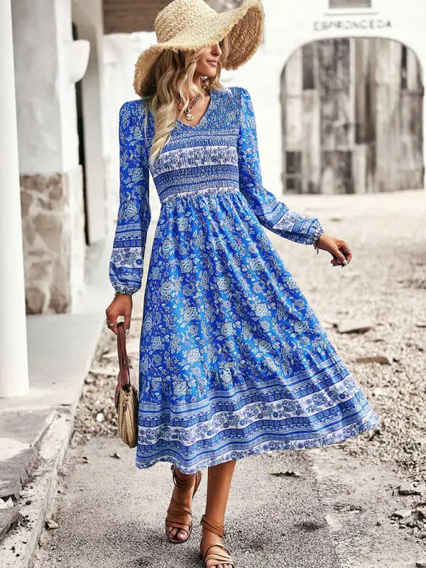 Blue Zone Planet | Bohemian Resort Style V-Neck Midi Dress BLUE ZONE PLANET