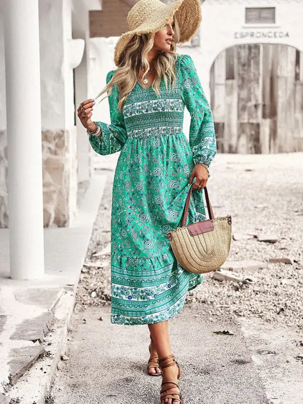Blue Zone Planet | Bohemian Resort Style V-Neck Midi Dress BLUE ZONE PLANET