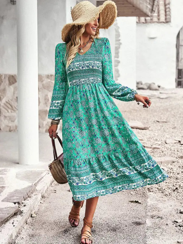 Blue Zone Planet | Bohemian Resort Style V-Neck Midi Dress BLUE ZONE PLANET