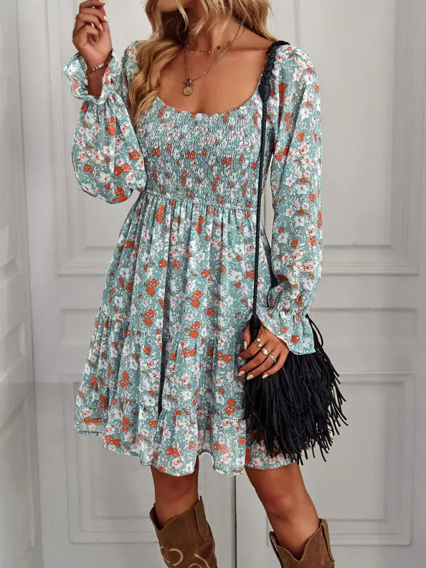 Blue Zone Planet |  Bohemian print stretch elastic square neck long-sleeved dress BLUE ZONE PLANET