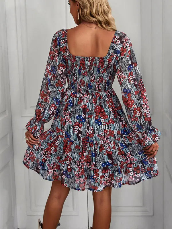 Blue Zone Planet |  Bohemian print stretch elastic square neck long-sleeved dress BLUE ZONE PLANET