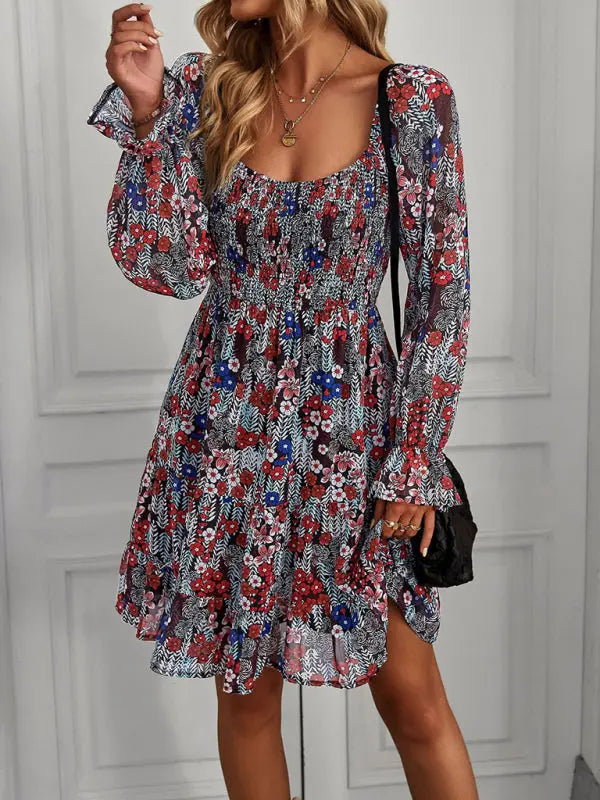 Blue Zone Planet |  Bohemian print stretch elastic square neck long-sleeved dress BLUE ZONE PLANET
