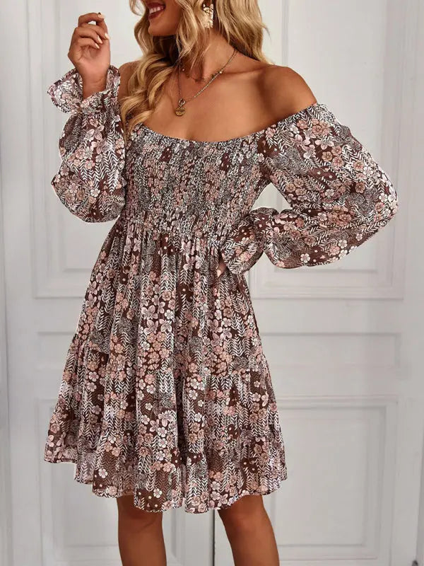 Blue Zone Planet |  Bohemian print stretch elastic square neck long-sleeved dress BLUE ZONE PLANET