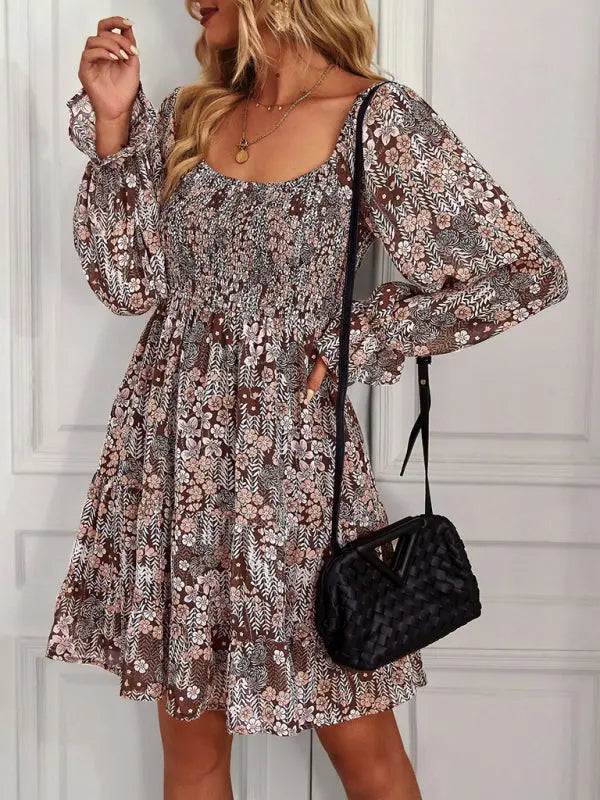 Blue Zone Planet |  Bohemian print stretch elastic square neck long-sleeved dress BLUE ZONE PLANET