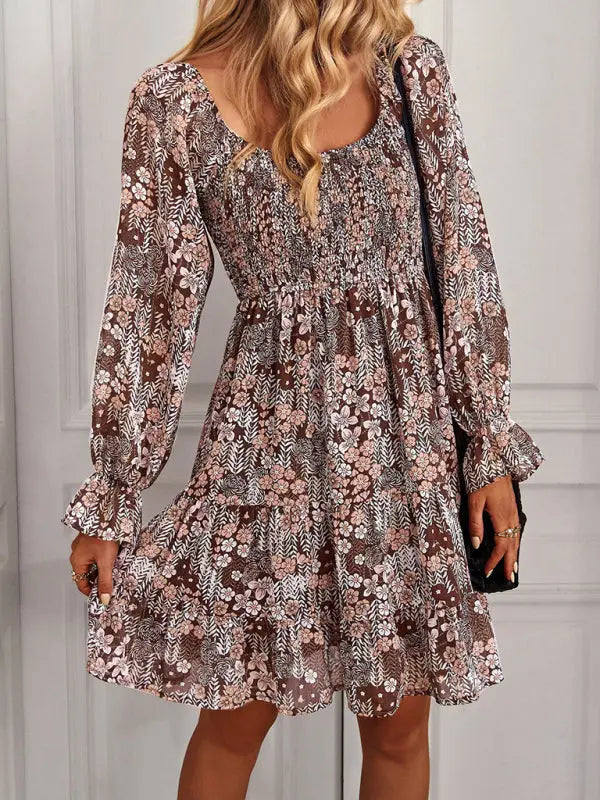 Blue Zone Planet |  Bohemian print stretch elastic square neck long-sleeved dress BLUE ZONE PLANET