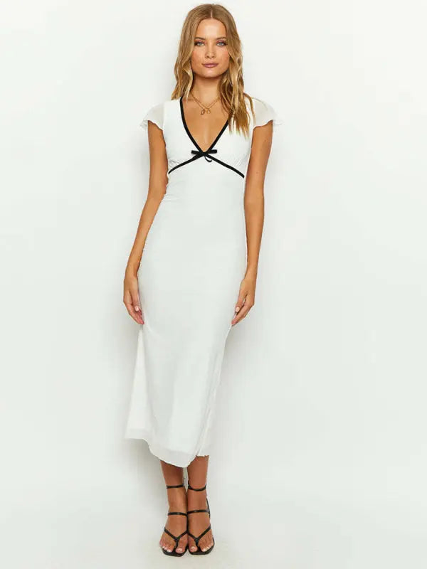 Blue Zone Planet |  Bow-trimmed low-cut V-neck short-sleeved bodycon midi dress BLUE ZONE PLANET