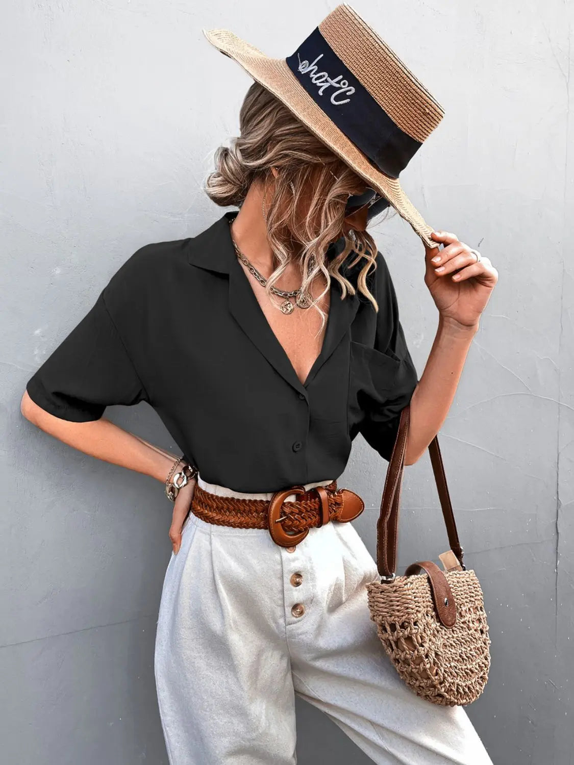 Blue Zone Planet |  Button Down Lapel Collar Short Sleeve Shirt BLUE ZONE PLANET
