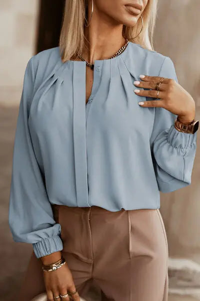 Blue Zone Planet |  Button Up Round Neck Long Sleeve Shirt BLUE ZONE PLANET