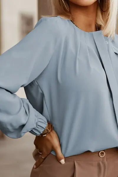 Blue Zone Planet |  Button Up Round Neck Long Sleeve Shirt BLUE ZONE PLANET