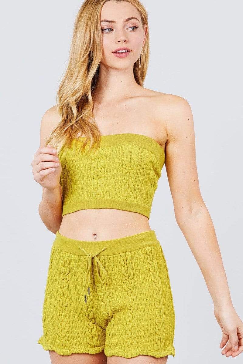 Blue Zone Planet |  Cable-Detail Sweater Tube Top And Sweater Short Pants Set Blue Zone Planet