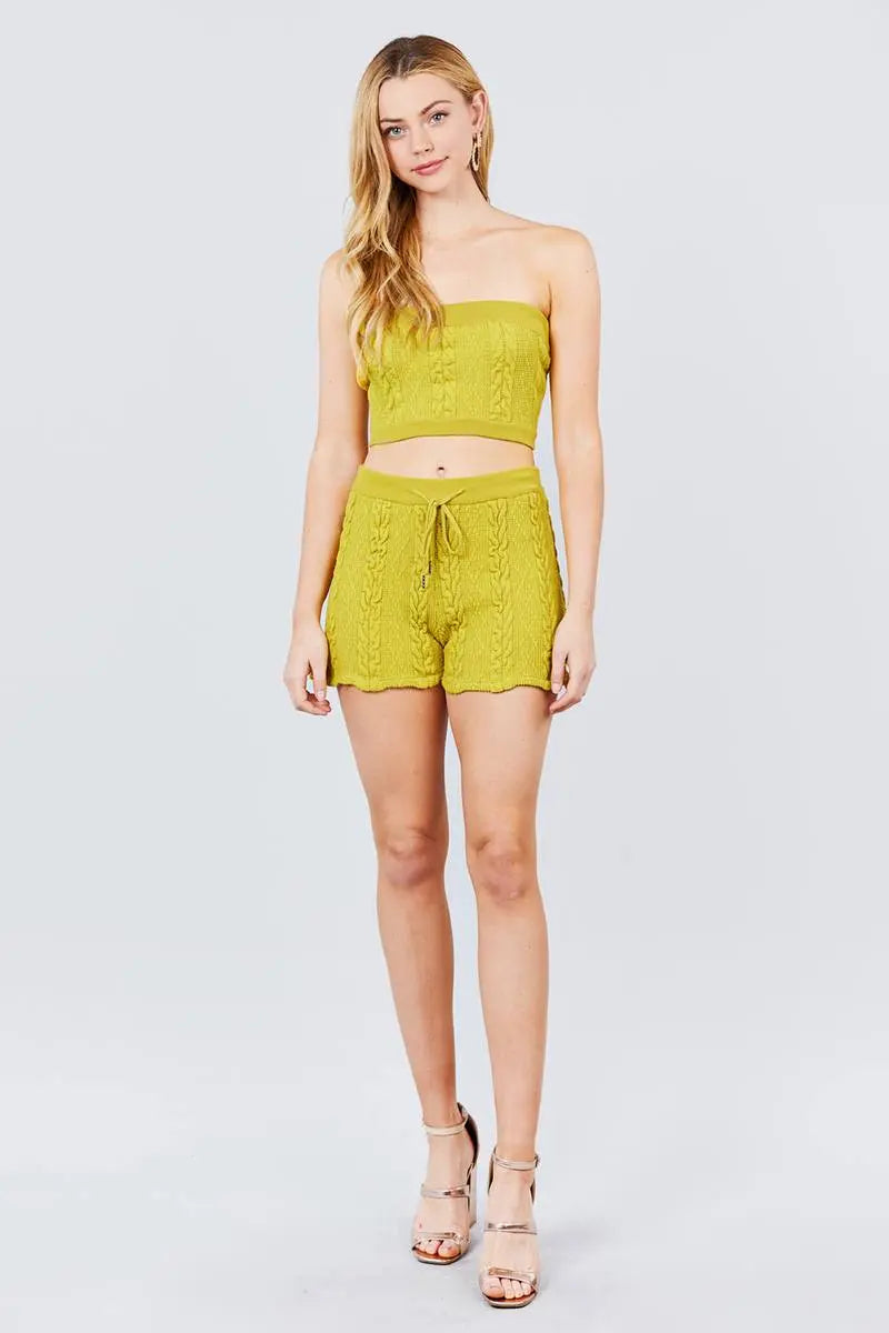 Blue Zone Planet |  Cable-Detail Sweater Tube Top And Sweater Short Pants Set Blue Zone Planet
