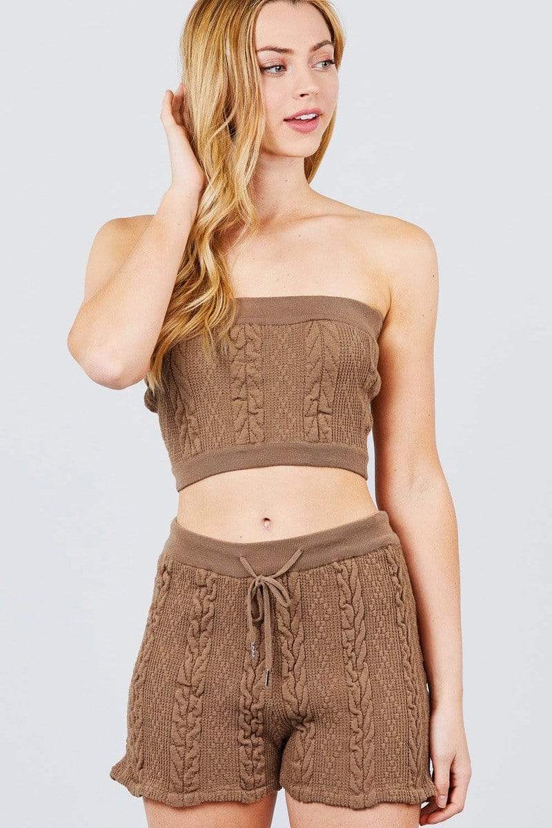Blue Zone Planet |  Cable-Detail Sweater Tube Top And Sweater Short Pants Set Blue Zone Planet
