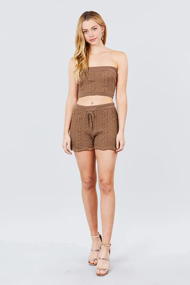 Blue Zone Planet |  Cable-Detail Sweater Tube Top And Sweater Short Pants Set Blue Zone Planet
