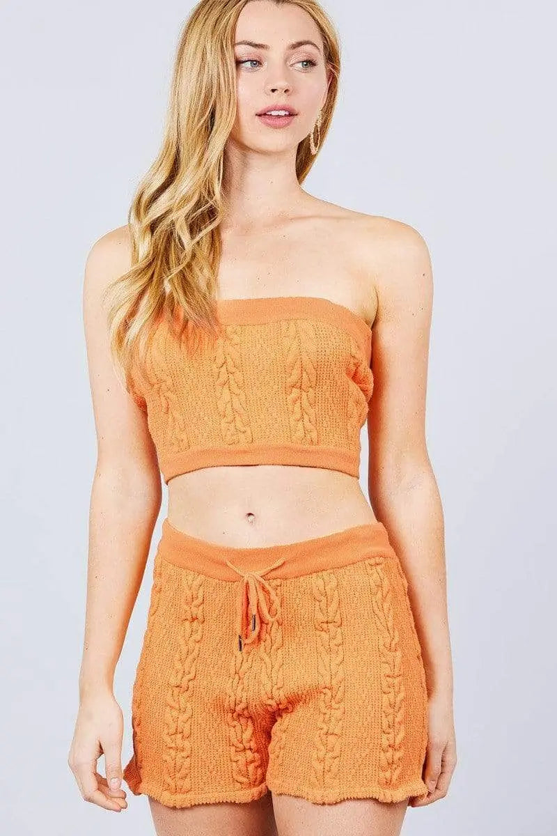 Blue Zone Planet |  Cable-Detail Sweater Tube Top And Sweater Short Pants Set Blue Zone Planet