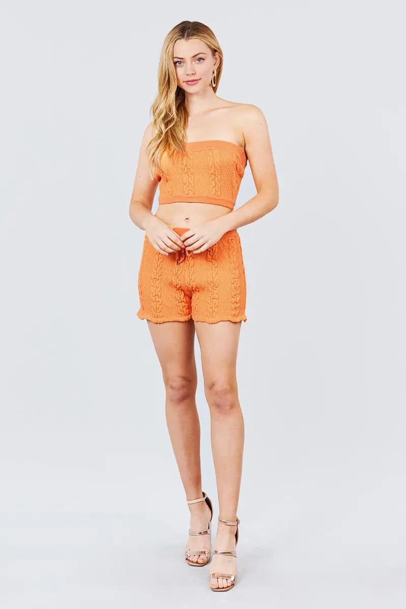 Blue Zone Planet |  Cable-Detail Sweater Tube Top And Sweater Short Pants Set Blue Zone Planet