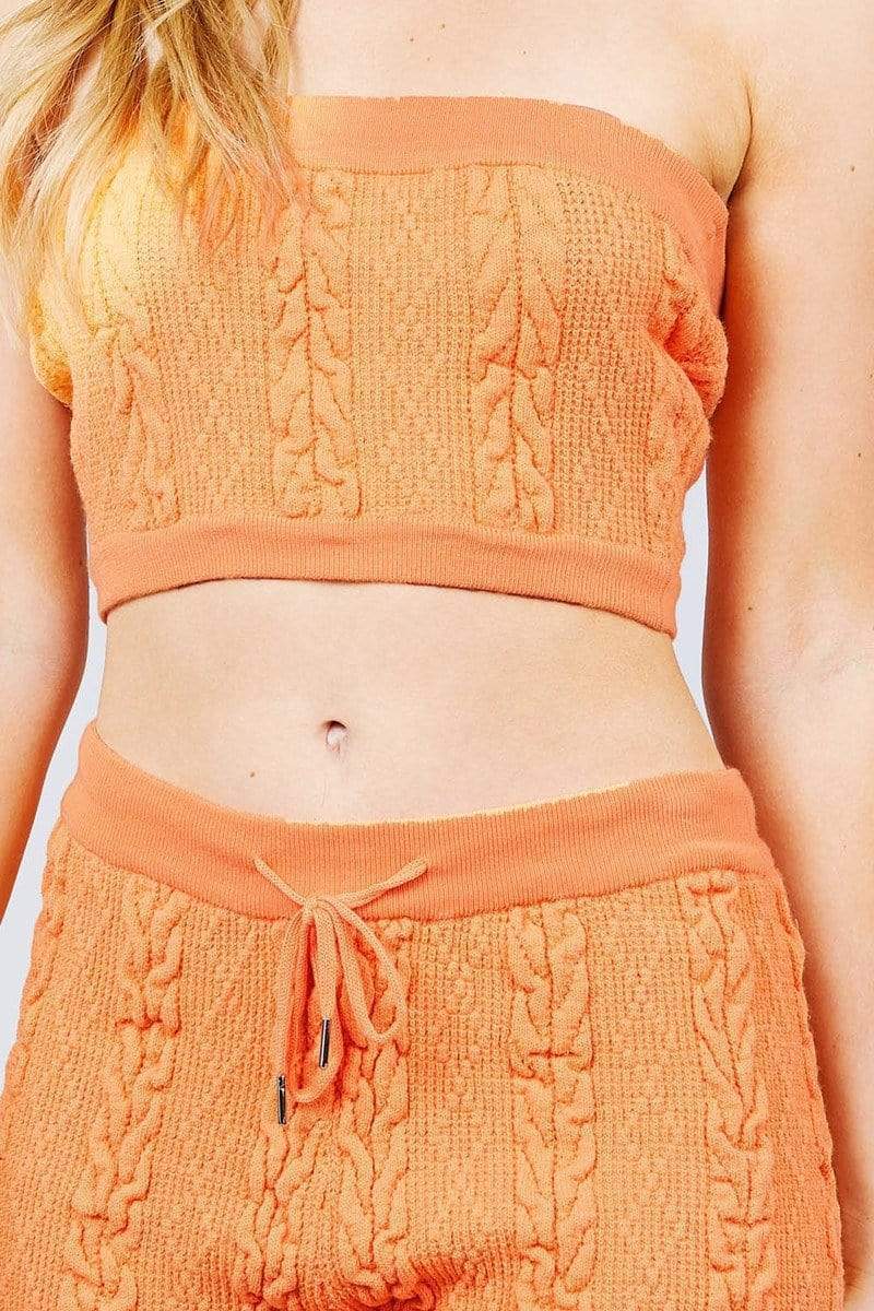 Blue Zone Planet |  Cable-Detail Sweater Tube Top And Sweater Short Pants Set Blue Zone Planet