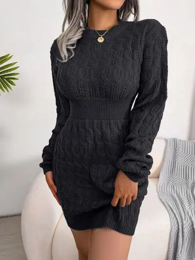 Blue Zone Planet |  Cable-Knit Round Neck Mini Wrap Sweater Dress BLUE ZONE PLANET