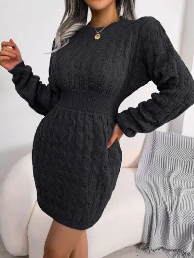 Blue Zone Planet |  Cable-Knit Round Neck Mini Wrap Sweater Dress BLUE ZONE PLANET