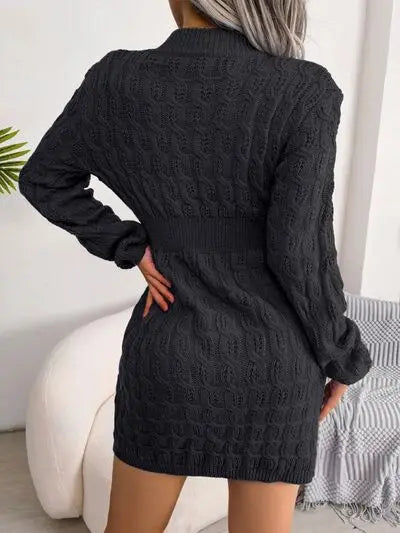 Blue Zone Planet |  Cable-Knit Round Neck Mini Wrap Sweater Dress BLUE ZONE PLANET