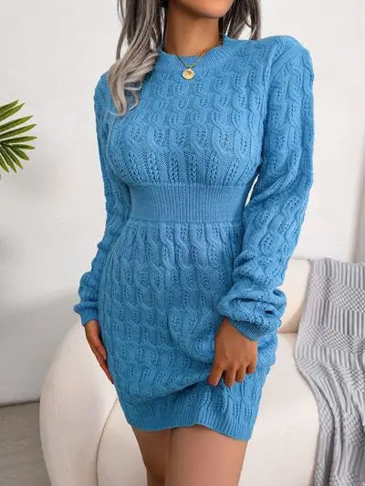 Blue Zone Planet |  Cable-Knit Round Neck Mini Wrap Sweater Dress BLUE ZONE PLANET