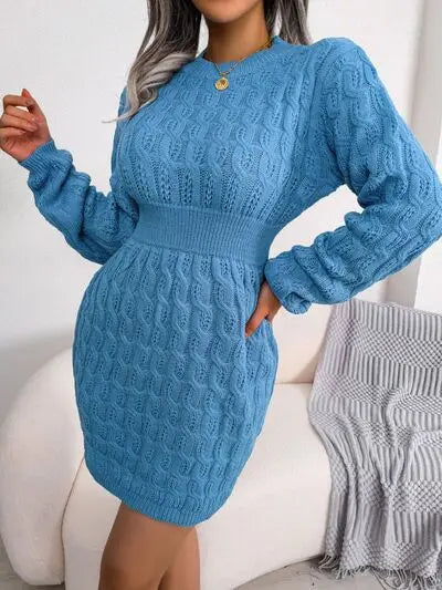Blue Zone Planet |  Cable-Knit Round Neck Mini Wrap Sweater Dress BLUE ZONE PLANET