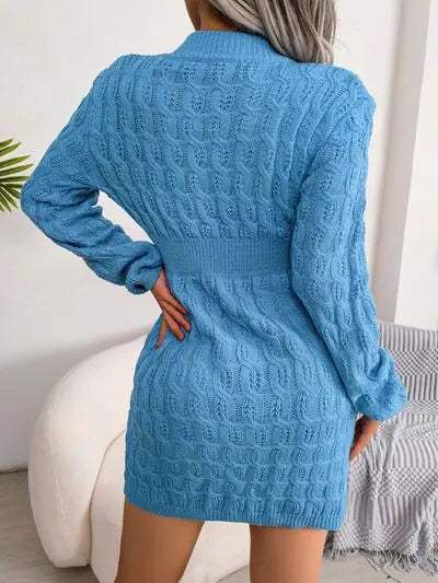 Blue Zone Planet |  Cable-Knit Round Neck Mini Wrap Sweater Dress BLUE ZONE PLANET