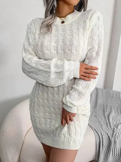 Blue Zone Planet |  Cable-Knit Round Neck Mini Wrap Sweater Dress BLUE ZONE PLANET