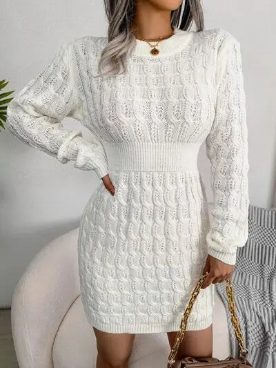Blue Zone Planet |  Cable-Knit Round Neck Mini Wrap Sweater Dress BLUE ZONE PLANET