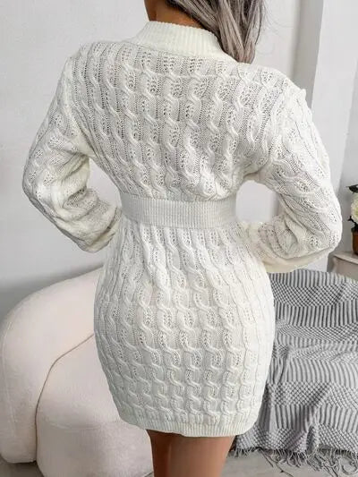 Blue Zone Planet |  Cable-Knit Round Neck Mini Wrap Sweater Dress BLUE ZONE PLANET