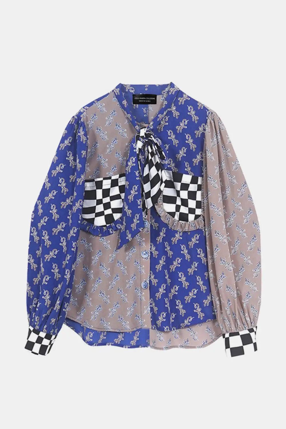 Blue Zone Planet |  Checkered Frill Trim Pocket Puff Sleeve Shirt BLUE ZONE PLANET