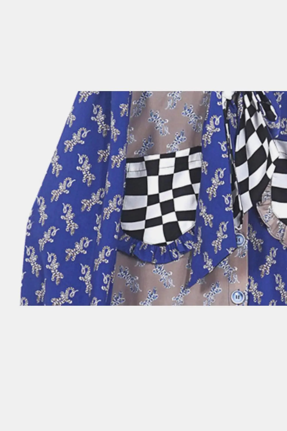 Blue Zone Planet |  Checkered Frill Trim Pocket Puff Sleeve Shirt BLUE ZONE PLANET